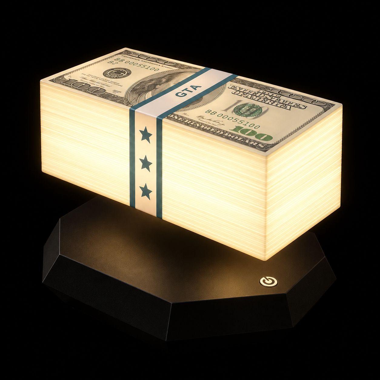 Levitating money-stack lamp glowing in the dark