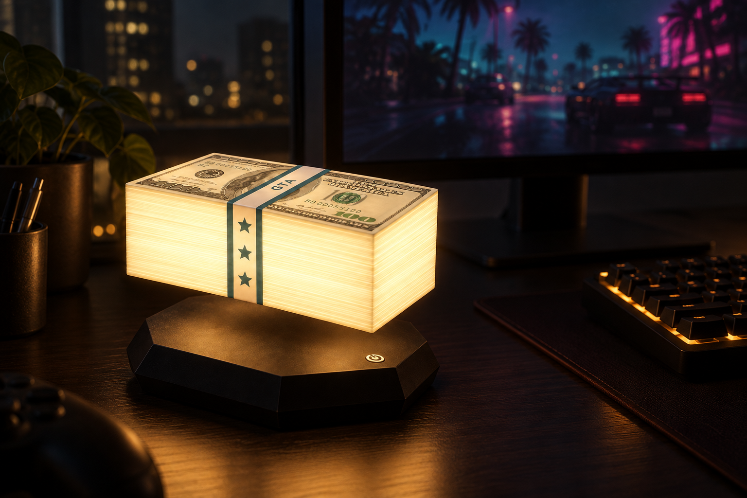 The lamp on a desk at night beside a monitor